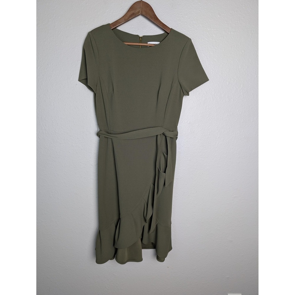 Calvin Klein Dress‎ Womens 8 Green Knee Length Sheath Short Sleeve Ruffle Belted